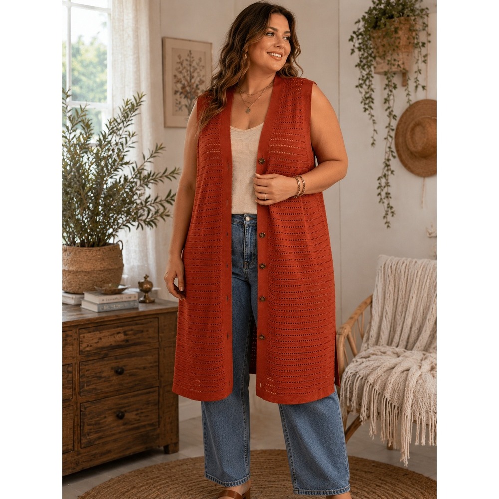 Burnt Orange Open Knit Longline Cardigan Vest Boho Duster Plus 22/24